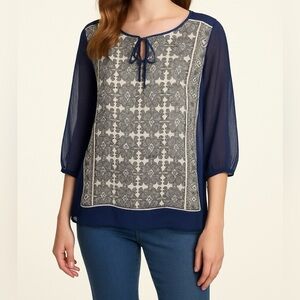 Chico’s Semi Sheer Boho Peasant Floral Blouse Navy White Print Women’s Size M